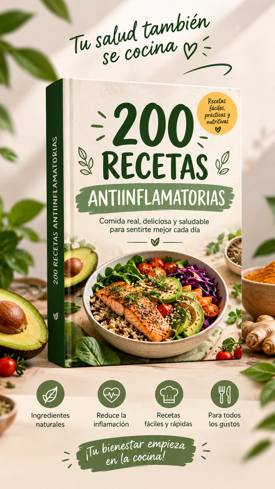 Recetario digital de 200 recetas antiinflamatorias sobre mesa de madera con ingredientes frescos