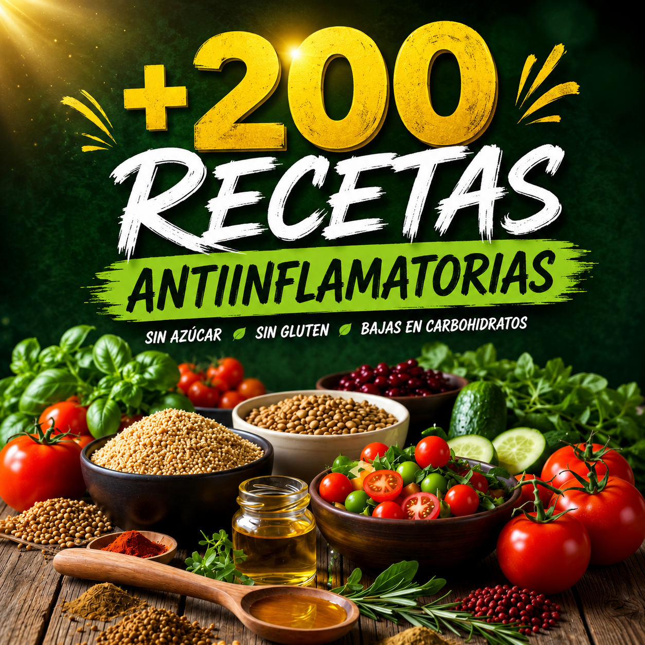 Portada del recetario digital de 200 recetas antiinflamatorias con ingredientes frescos sobre mesa de madera