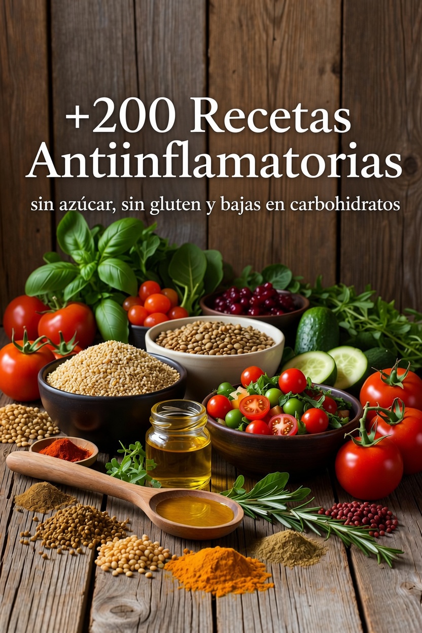 Portada del recetario digital de 200 recetas antiinflamatorias, sin azúcar, sin gluten y bajas en carbohidratos
