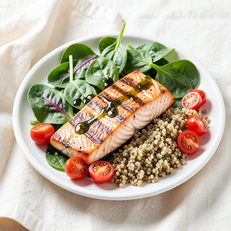 Plato de salmón a la plancha con espinaca, quinoa y tomates cherry