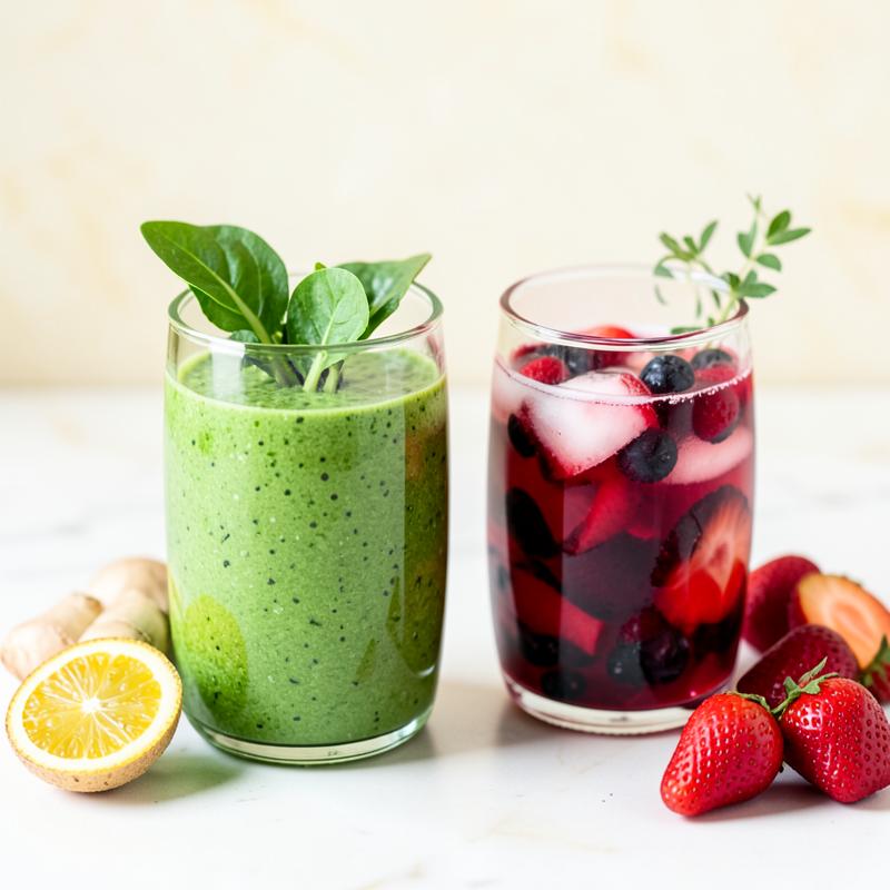 Batido verde de espinaca y jengibre junto a una infusión de frutos rojos