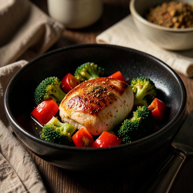 Pollo al horno con brócoli, pimentón y especias en bowl oscuro