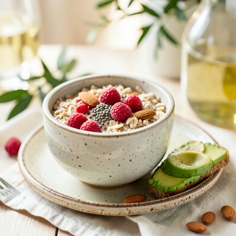 Bowl de avena con frutos rojos, almendras y tostada de aguacate