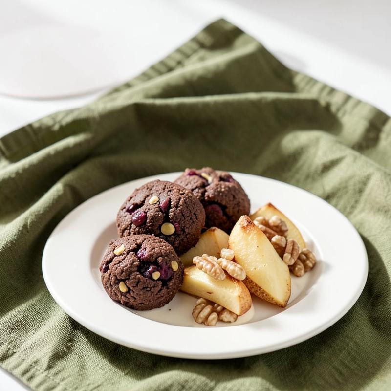 Bocaditos de cacao con frutos rojos y manzana asada con nueces