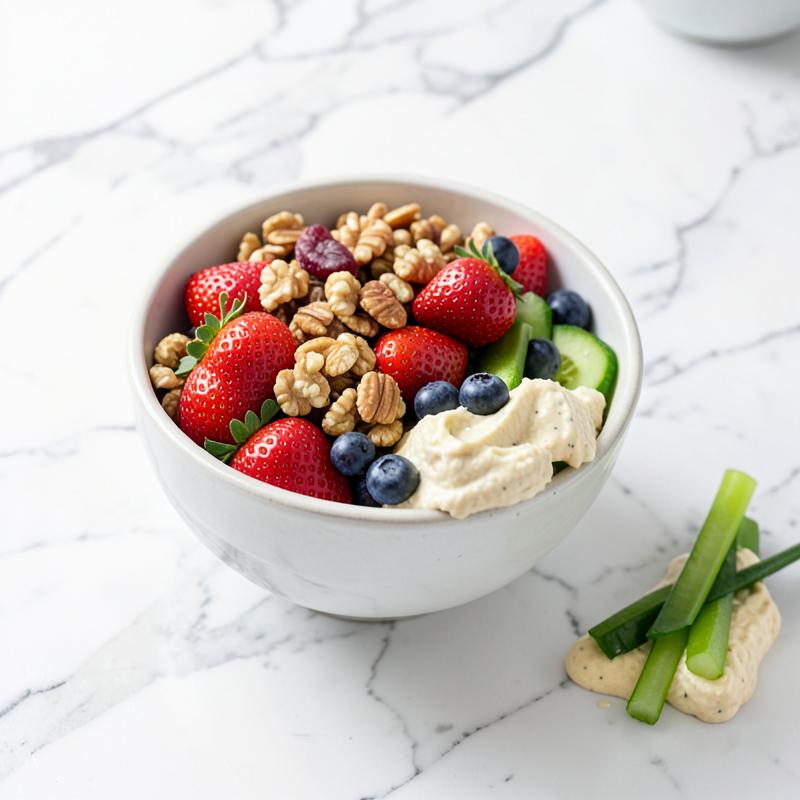 Bowl de frutos rojos, nueces y hummus con bastones de vegetales