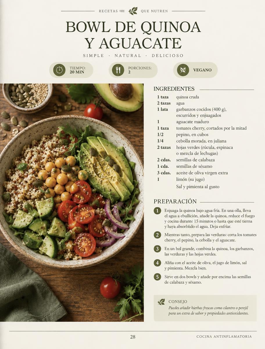 Página interior del recetario: bowl de quinoa y aguacate