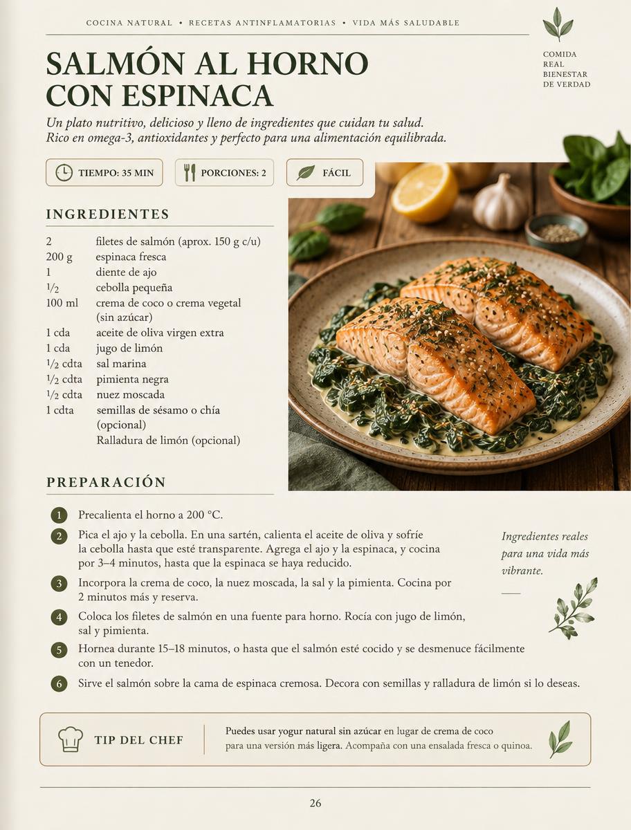 Página interior del recetario: salmón al horno con espinaca