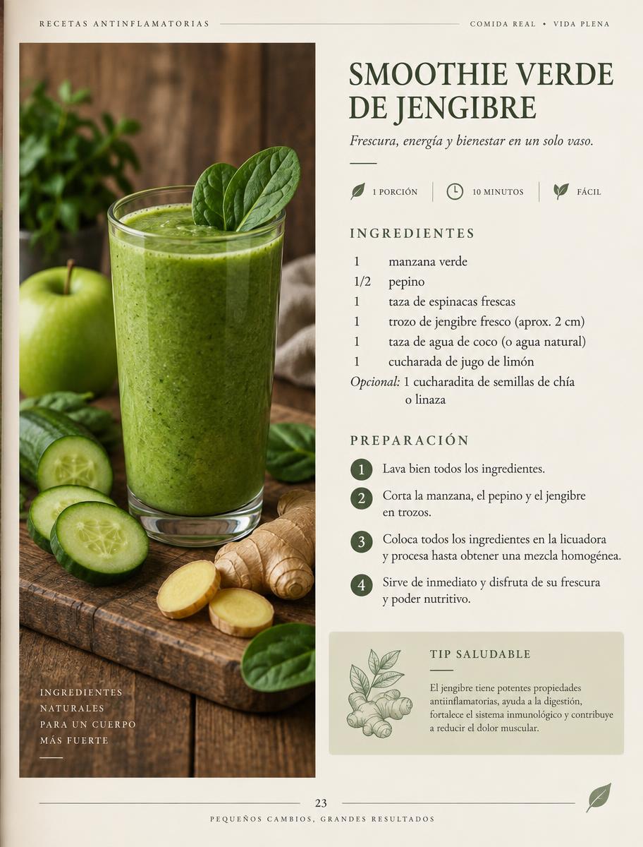 Página interior del recetario: smoothie verde de jengibre